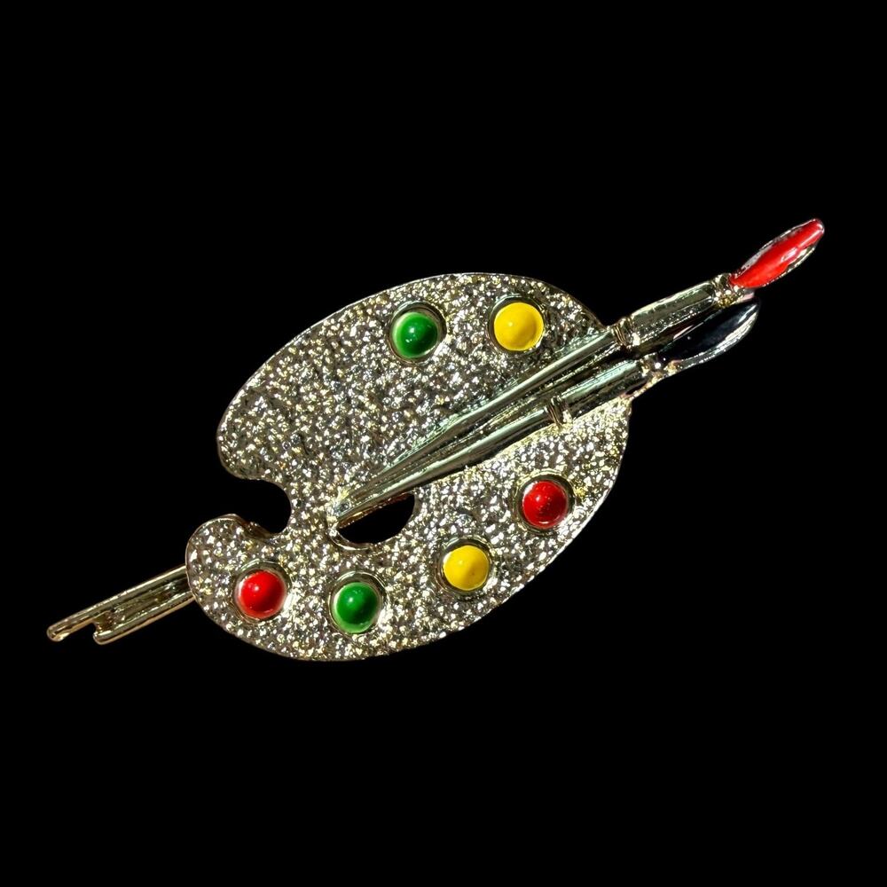 Gerry’s Artist Palette Paint Brush Brooch Pin Gold Tone Enamel Signed
